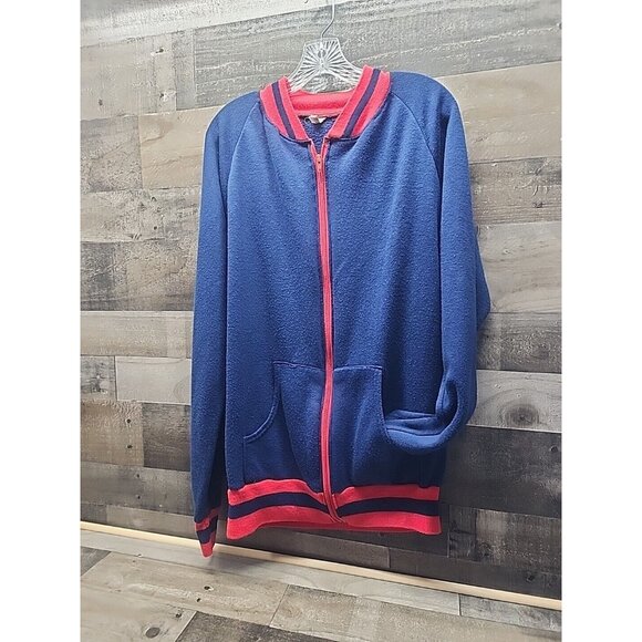 Vintage Warm-Up Jacket Navy Blue & Red Striped Trim Full Zip Front Pockets Acryl - Picture 1 of 7